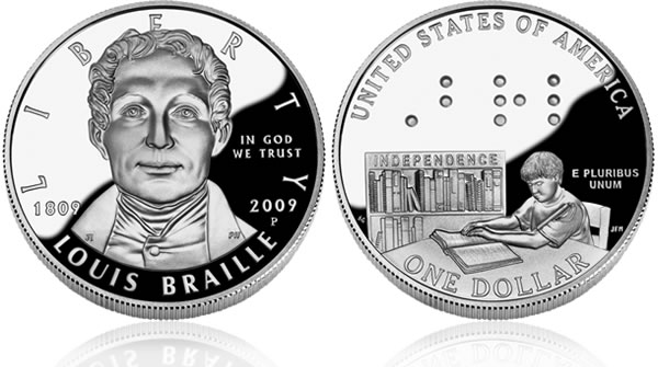 Louis Braille Commemorative 2009 P 90% Silver Dollar BU $1 Coin