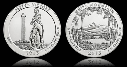 America the Beautiful Five Ounce Silver Coins Featuring Perry's Victory and White Mountain