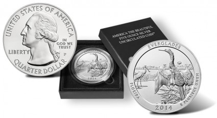 2014-P Everglades National Park 5 Ounce Silver Uncirculated Coin - Obverse, Case and Reverse